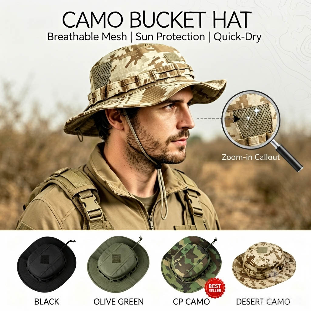 Boonie Hat Tactical - หมวกบอนนี่แบบยุทธวิธีสำหรับผู้ชาย ป้องกันแสงแดด ปีกกว้าง หมวกตกปลา ระบายอากาศ แห้งเร็ว