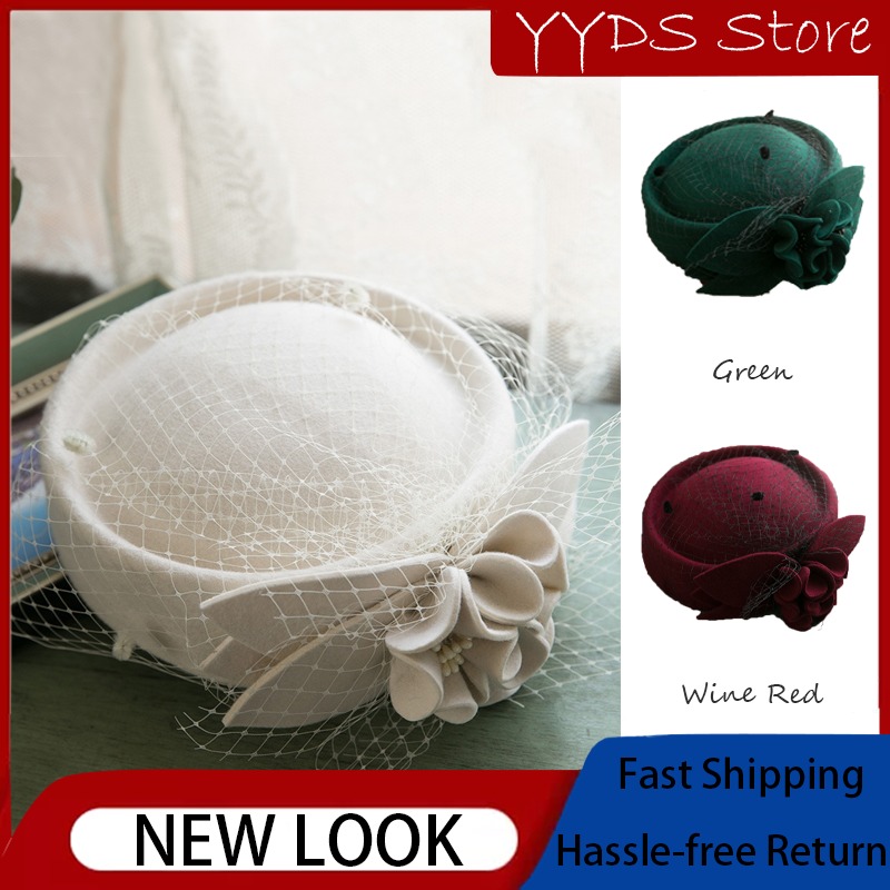 Beret French Wool - หมวกเบเร่ต์ขนสัตว์วินเทจสไตล์ฝรั่งเศสสำหรับผู้หญิง ตกแต่งดอกไม้ด้วยตาข่ายอย่างหรูหรา สไตล์เฮปเบิร์น หมวกทรงทางการสไตล์อังกฤษสำหรับงานปาร์ตี้